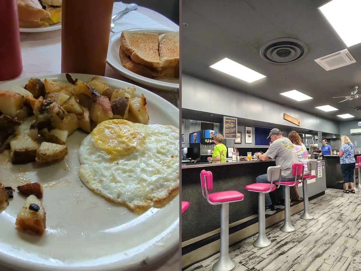 Cozy diner tables with classic breakfast plates.