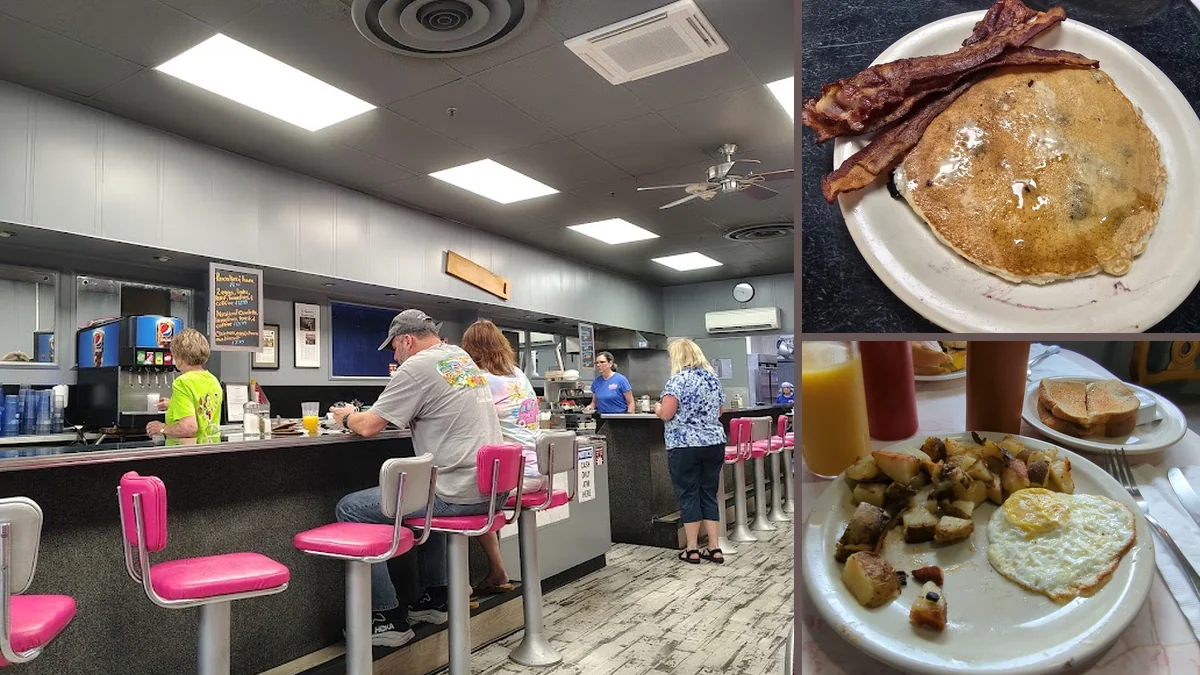 Counter seating inside a casual breakfast restaurant.